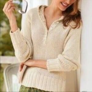 Vintage Soft Surroundings Chunky Hooded Sweater Henley Preppy Coastal Grandma M